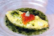 White fish and salmon roe omelet with fresh seaweed sauce